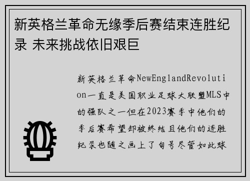 新英格兰革命无缘季后赛结束连胜纪录 未来挑战依旧艰巨