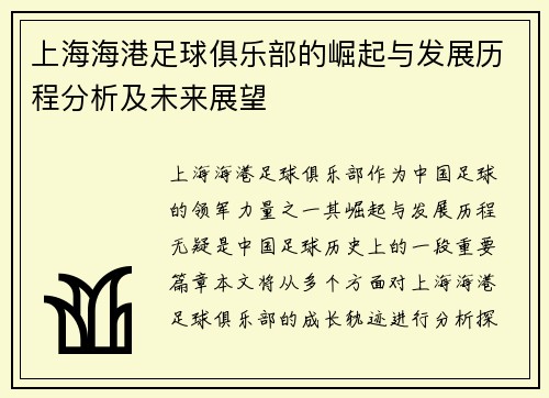上海海港足球俱乐部的崛起与发展历程分析及未来展望